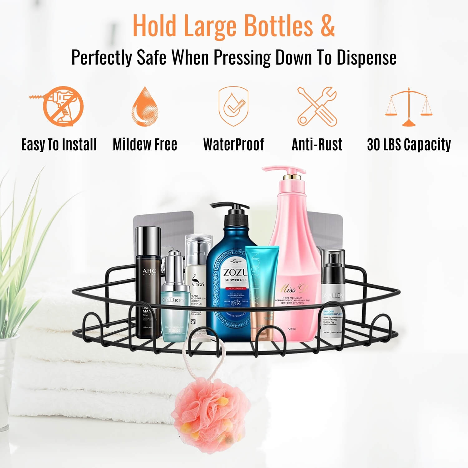 Drill Free Corner Shower Caddy With Hooks